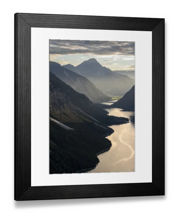 Framed Print : View of the Plansee lake from Schoenjoechl at sunset