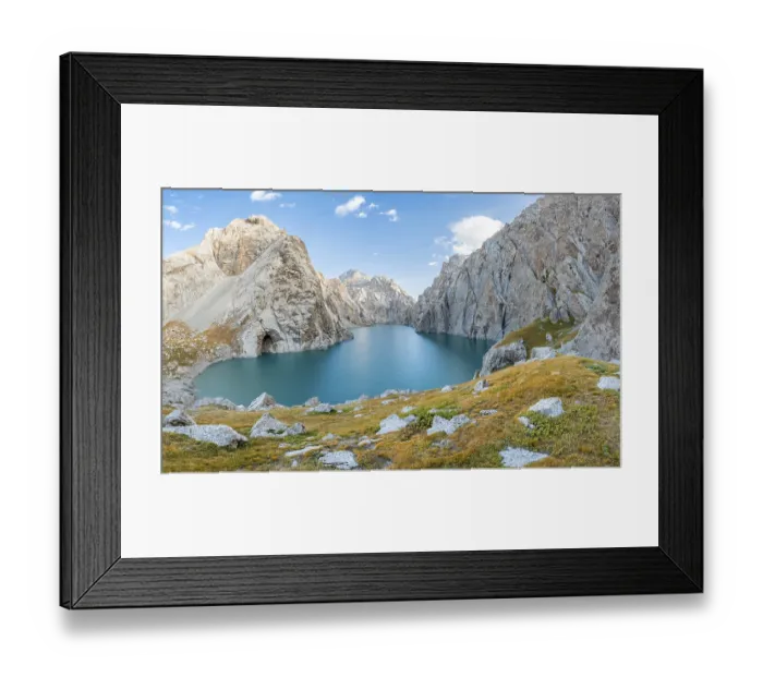 Framed Print : Turquoise mountain lake Kol Suu with rocky steep mountains