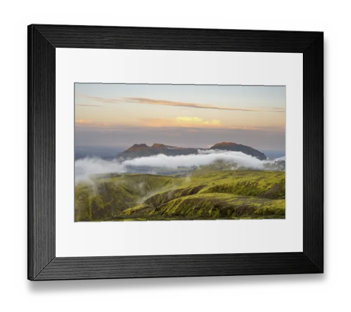 Framed Print : Fog between mountains, moss-covered volcanic mountain landscape