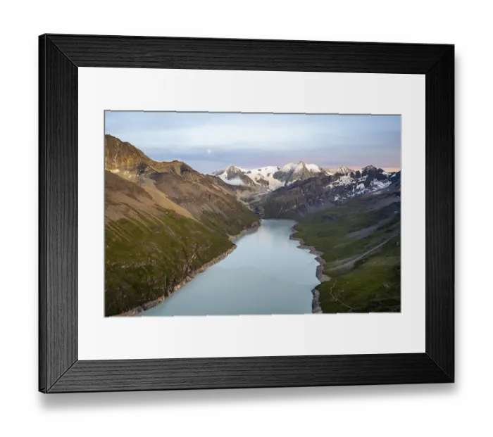 Framed Print : Picturesque mountain landscape at the summit Mont de la Blana at sunset with full moon