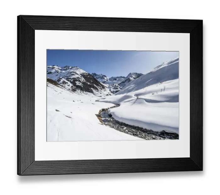 Framed Print : Funtauna Valley with mountain stream and snow in winter Framed Print : Funtauna Valley with mountain stream and snow in winter