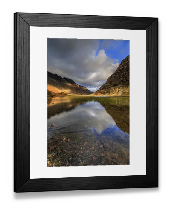 Framed Print : Mountains reflected in lake, evening light