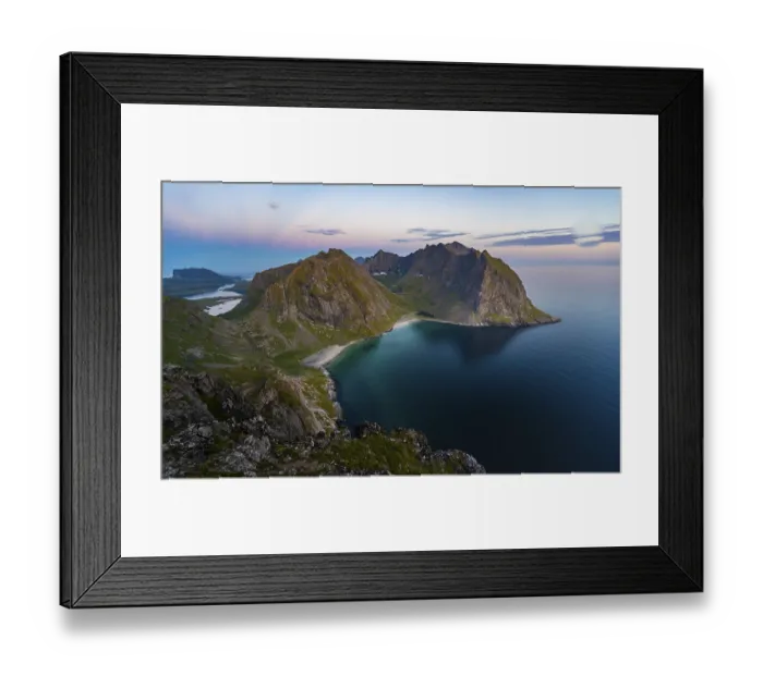 Framed Print : Dusk, view from the summit to Kvalvika beach and sea