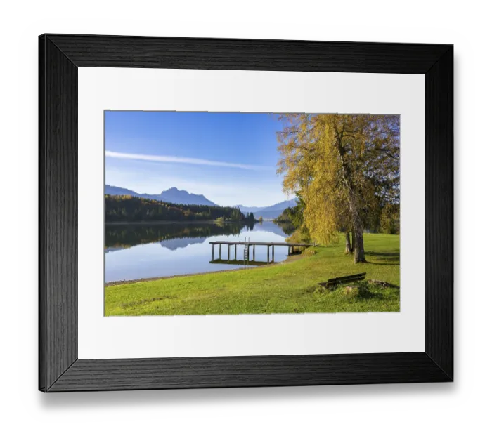 Framed Print : Quiet alpine lake in autumn with jetty