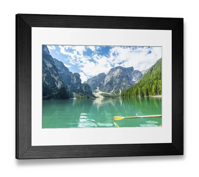 Framed Print : Wooden oar rowing on the turquoise water of lake braies