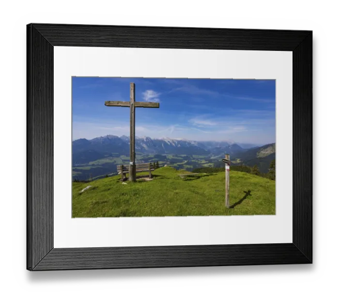 Framed Print : Summit cross on the Taborberg with a view of the Lammertal and Tennengebirge mountains