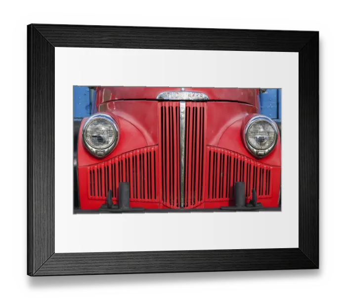 Framed Print : Red bonnet, radiator grille and lamps