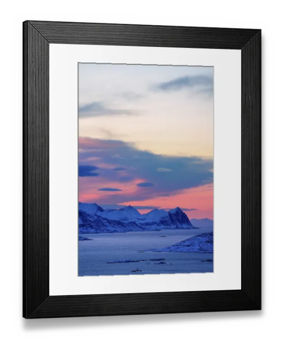 Framed Print : Fjord with mountains in winter at sunset