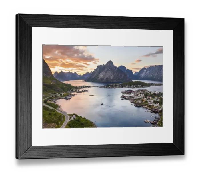Framed Print : Aerial view, sunset at Reinefjord with mountains