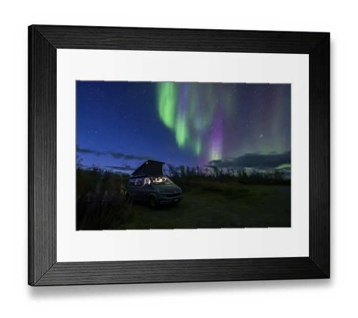 Framed Print : Northern lights over camper, VW California