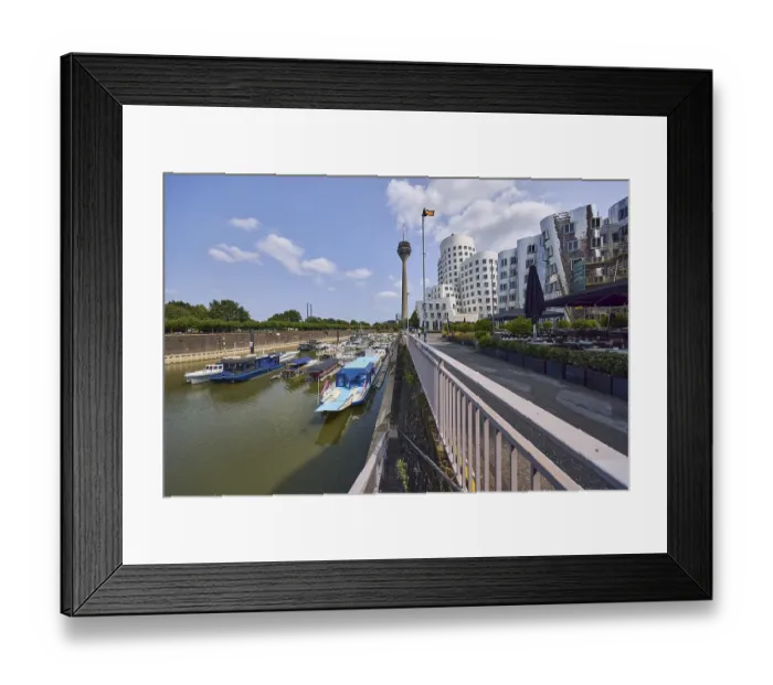 Framed Print : Marina, Rheinturm television tower and building by architect Frank O
