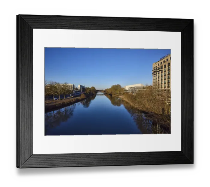 Framed Print : River Saar, trees, modern architecture
