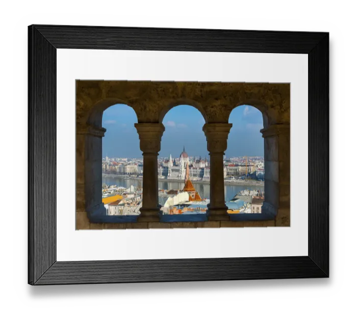 Framed Print : View through the facade of the Fisherman's Bastion to the Danube and the Parliament