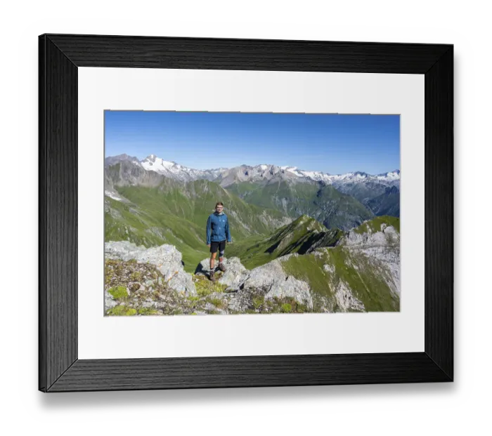 Framed Print : Mountaineer in front of mountain panorama with Grossvenediger Framed Print : Mountaineer in front of mountain panorama with Grossvenediger