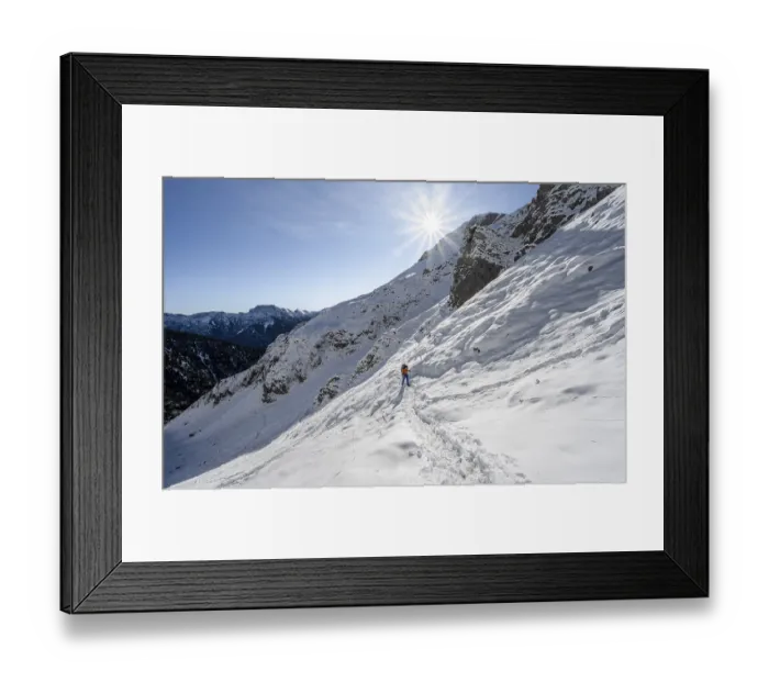 Framed Print : Mountaineer on hiking trail in winter with snow Framed Print : Mountaineer on hiking trail in winter with snow