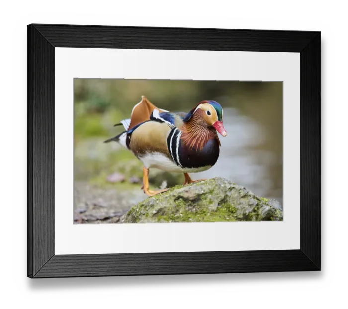Framed Print : Mandarin duck (Aix galericulata) male swimming on a lake