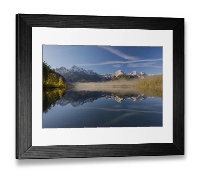 Framed Print : Lake Almsee in autumn with a forest and mountains reflected in the lake Framed Print : Lake Almsee in autumn with a forest and mountains reflected in the lake
