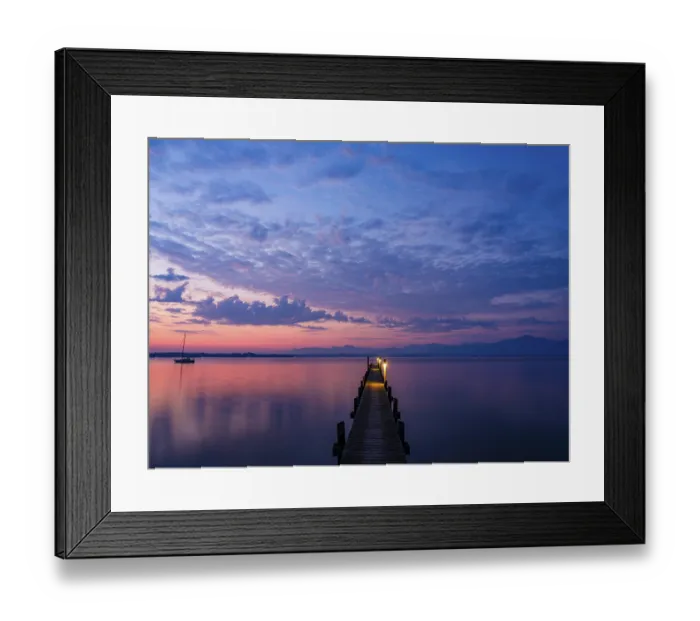 Framed Print : Sailing boat and jetty on Lake Chiemsee at dawn