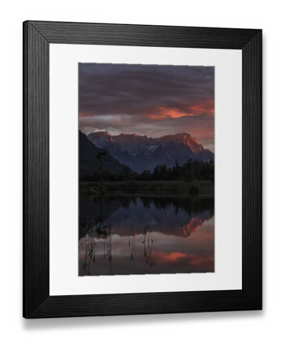 Framed Print : Mountains reflected in lake, sunset