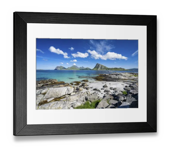 Framed Print : Beach at Myrland, coast and mountains Framed Print : Beach at Myrland, coast and mountains
