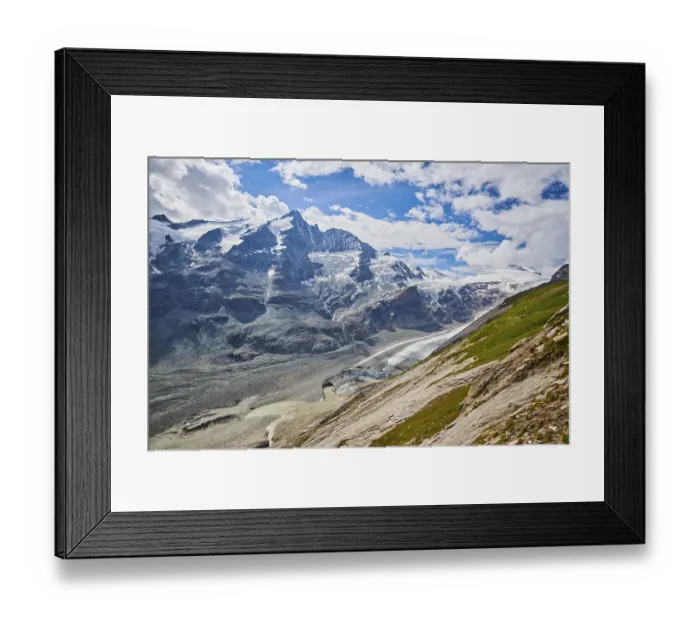 Framed Print : View from Franz Joseph Hoehe into the mountains (Grossglockner) with Pasterze on a sunny day at Hochalpenstrasse Framed Print : View from Franz Joseph Hoehe into the mountains (Grossglockner) with Pasterze on a sunny day at Hochalpenstrasse