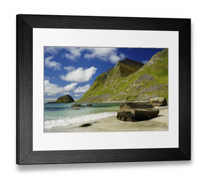 Framed Print : Landscape with sea at the sandy beach of Haukland (Hauklandstranda) with the mountain Veggen Framed Print : Landscape with sea at the sandy beach of Haukland (Hauklandstranda) with the mountain Veggen
