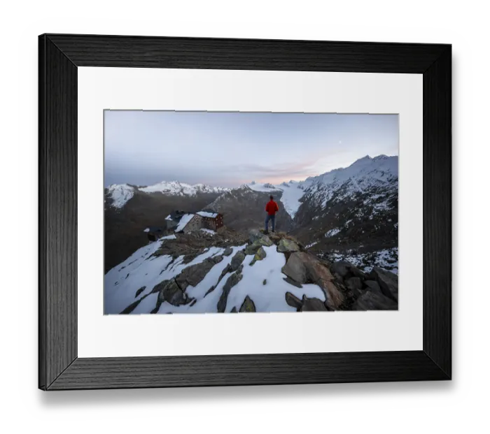 Framed Print : Hiker looking at mountain panorama and glacier Framed Print : Hiker looking at mountain panorama and glacier