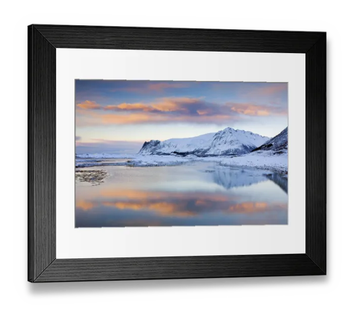 Framed Print : View over Gimsoystraumen Fjord and mountains in the snow in winter