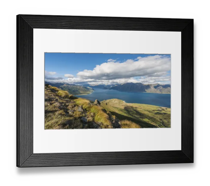 Framed Print : View of lake in mountain landscape Framed Print : View of lake in mountain landscape