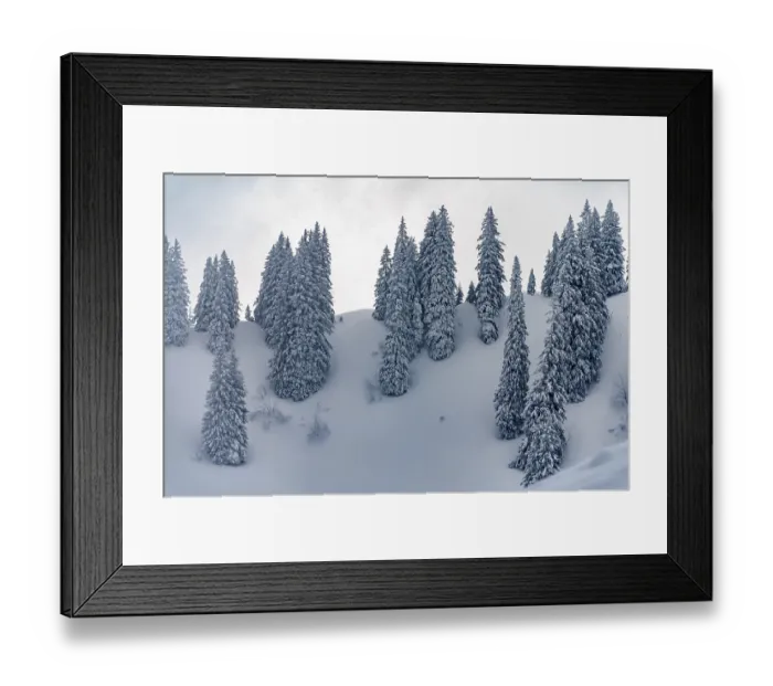 Framed Print : Snowy mountain landscape with trees in winter