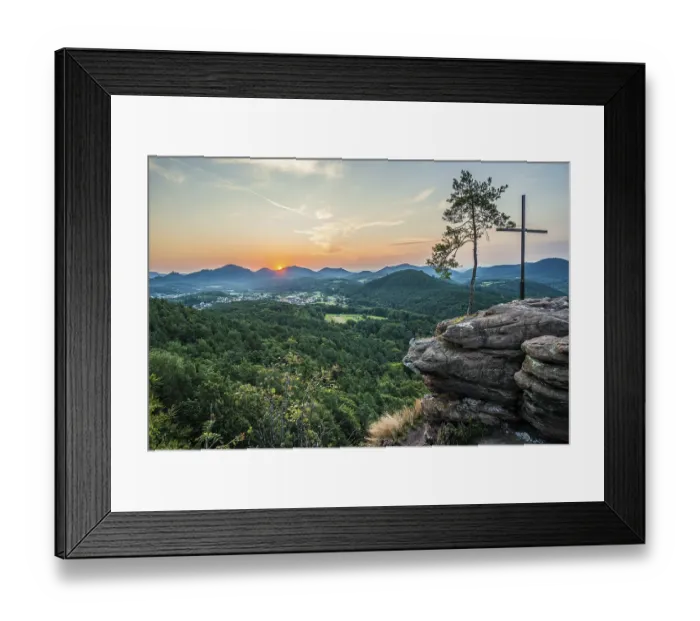 Framed Print : Sandstone rock with pine tree and summit cross