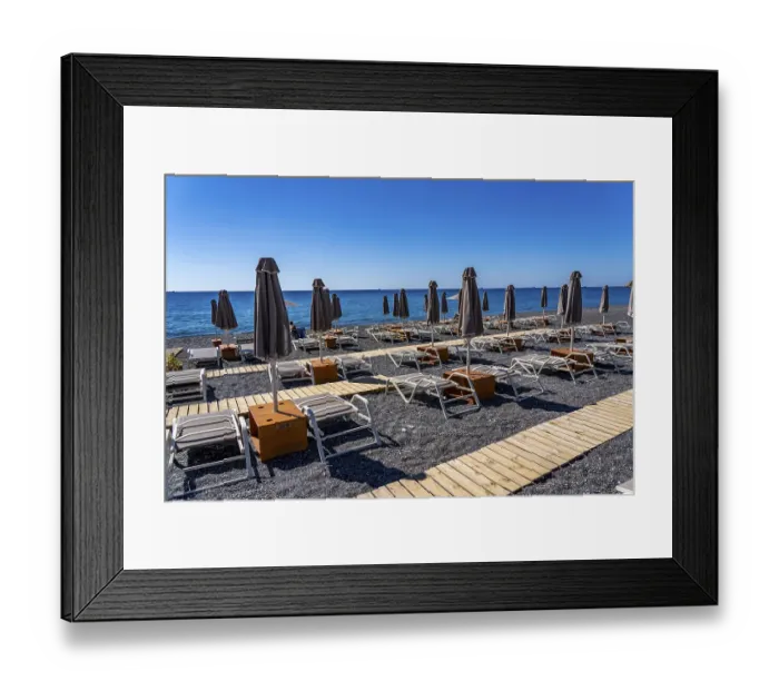 Framed Print : Beach, empty, organised, with sun loungers and parasols Framed Print : Beach, empty, organised, with sun loungers and parasols
