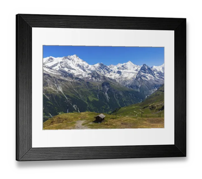 Framed Print : Alpine meadows and mountain hut at the summit of Corne de Sorebois