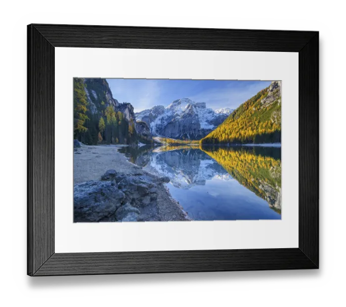 Framed Print : Croda del Becco, Seekofel, reflected in lake in autumn