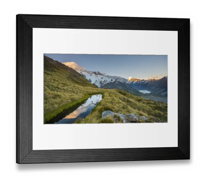 Framed Print : Reflection in mountain lake, view of Hooker Valley with Hooker Lake and Mount Cook Framed Print : Reflection in mountain lake, view of Hooker Valley with Hooker Lake and Mount Cook
