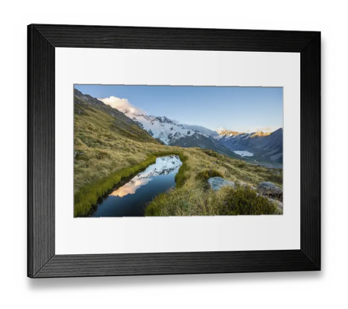 Framed Print : Reflection in mountain lake, view of Hooker Valley with Hooker Lake and Mount Cook