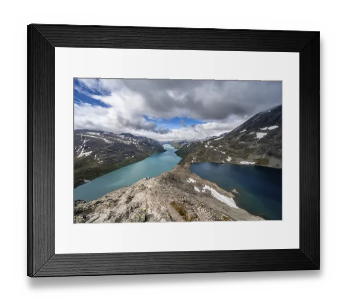 Framed Print : View of Lake Gjende, Lake Bessvatnet and mountains