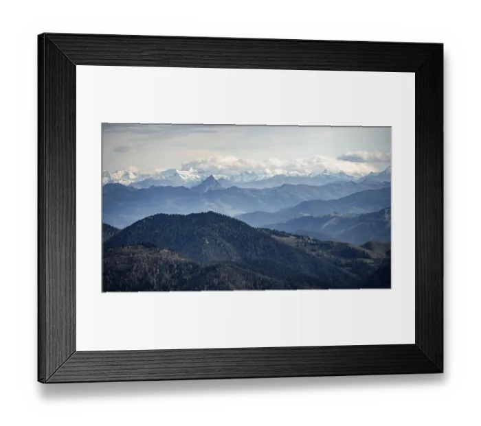 Framed Print : View of the Alpine foothills and main Alpine ridge with snow-covered peaks of the Zillertal Alps Framed Print : View of the Alpine foothills and main Alpine ridge with snow-covered peaks of the Zillertal Alps