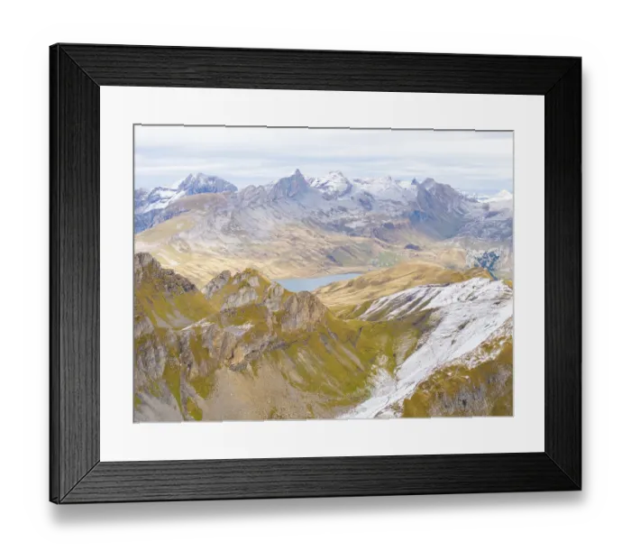 Framed Print : Expansive mountain landscape with snow-capped peaks Framed Print : Expansive mountain landscape with snow-capped peaks