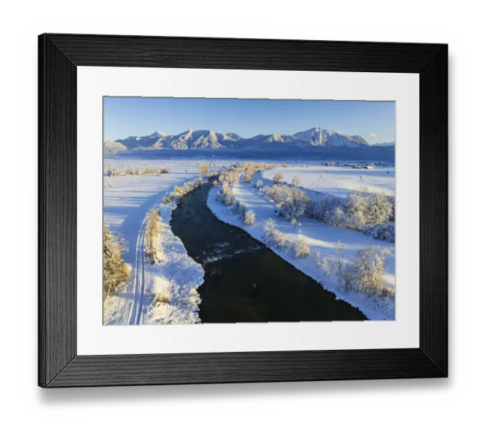 Framed Print : Aerial view of a river in front of mountains