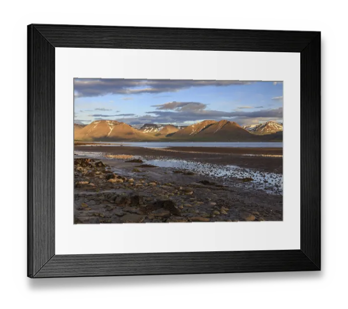 Framed Print : Fjord, low tide, stones, mountains