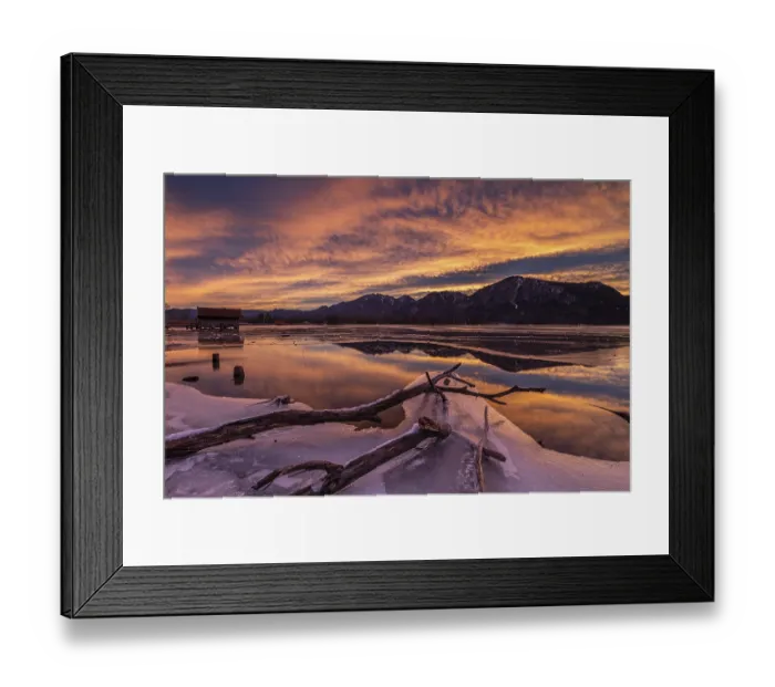 Framed Print : Dawn, mountains reflected in lake