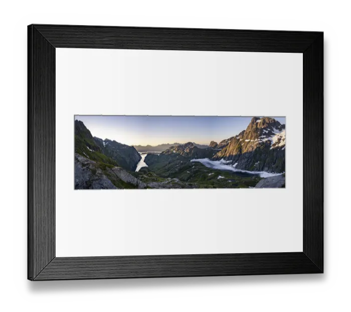 Framed Print : Frozen lake Trolljordvatnet, mountains and snow in evening mood