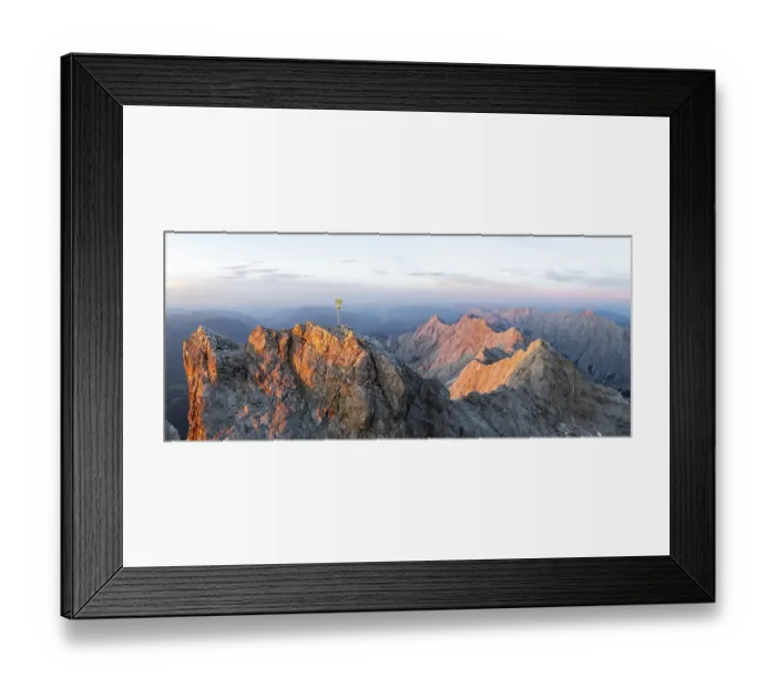 Framed Print : Sunset, aerial view, Zugspitze and summit cross