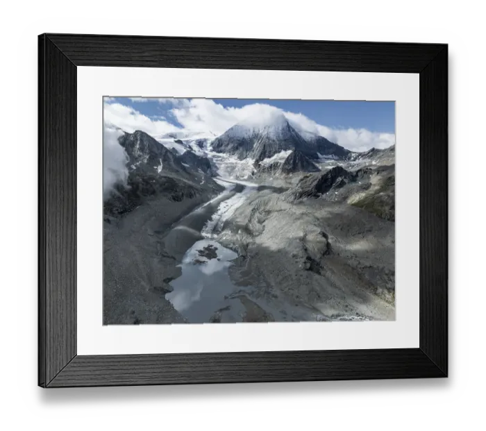 Framed Print : Aerial view, mountain landscape with glacier tongue Glacier de Cheilon and summit Mont Blanc de Cheilon