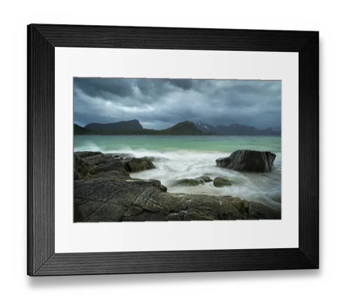 Framed Print : Seascape on the beach at Haukland