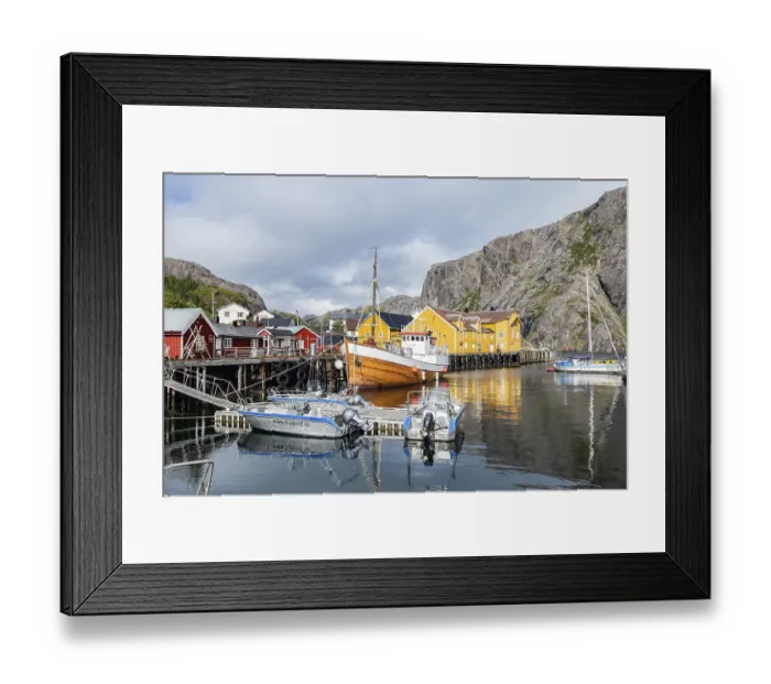 Framed Print : Harbour with fishing boats, Rorbu cabins