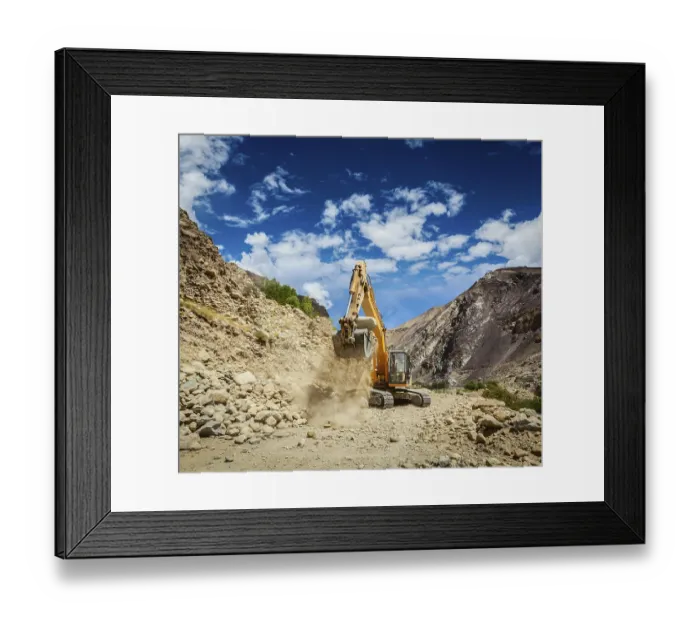 Framed Print : Excavator doing road construction in Himalayas