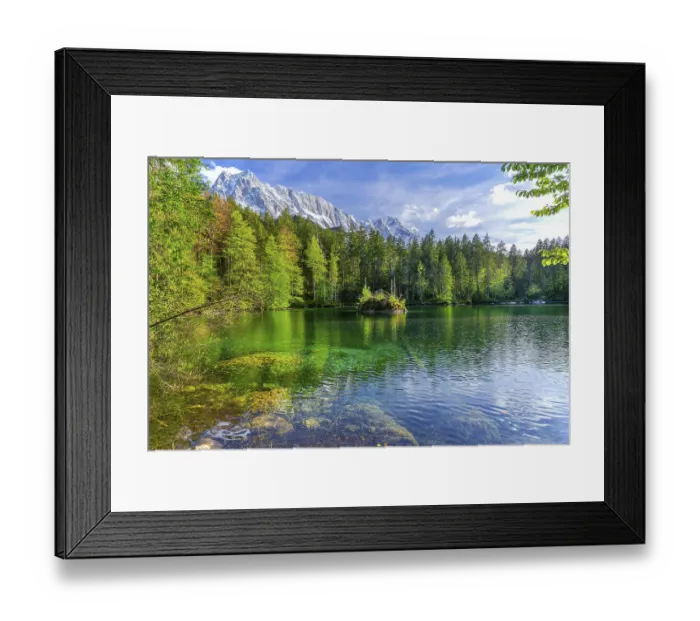 Framed Print : Lake Badersee in spring with Zugspitze group 2962m in the Wetterstein mountains