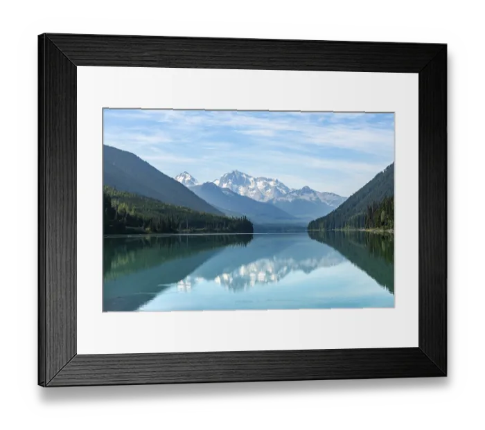 Framed Print : Duffey Lake, snow-capped mountains seal themselves in a lake